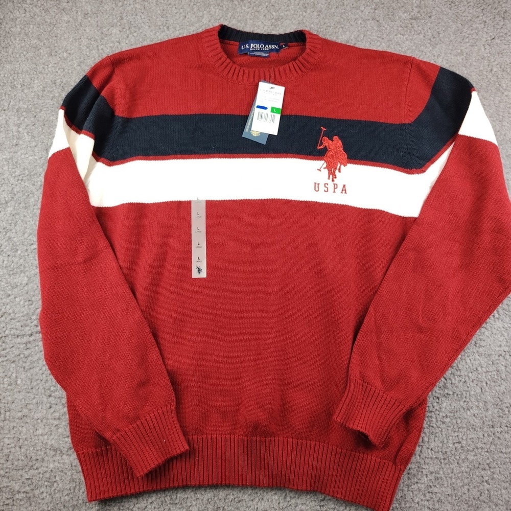 US Polo Assn Cotton Sweater Mens Large USUSR5499 Barn Red Striped Big Pony NWT